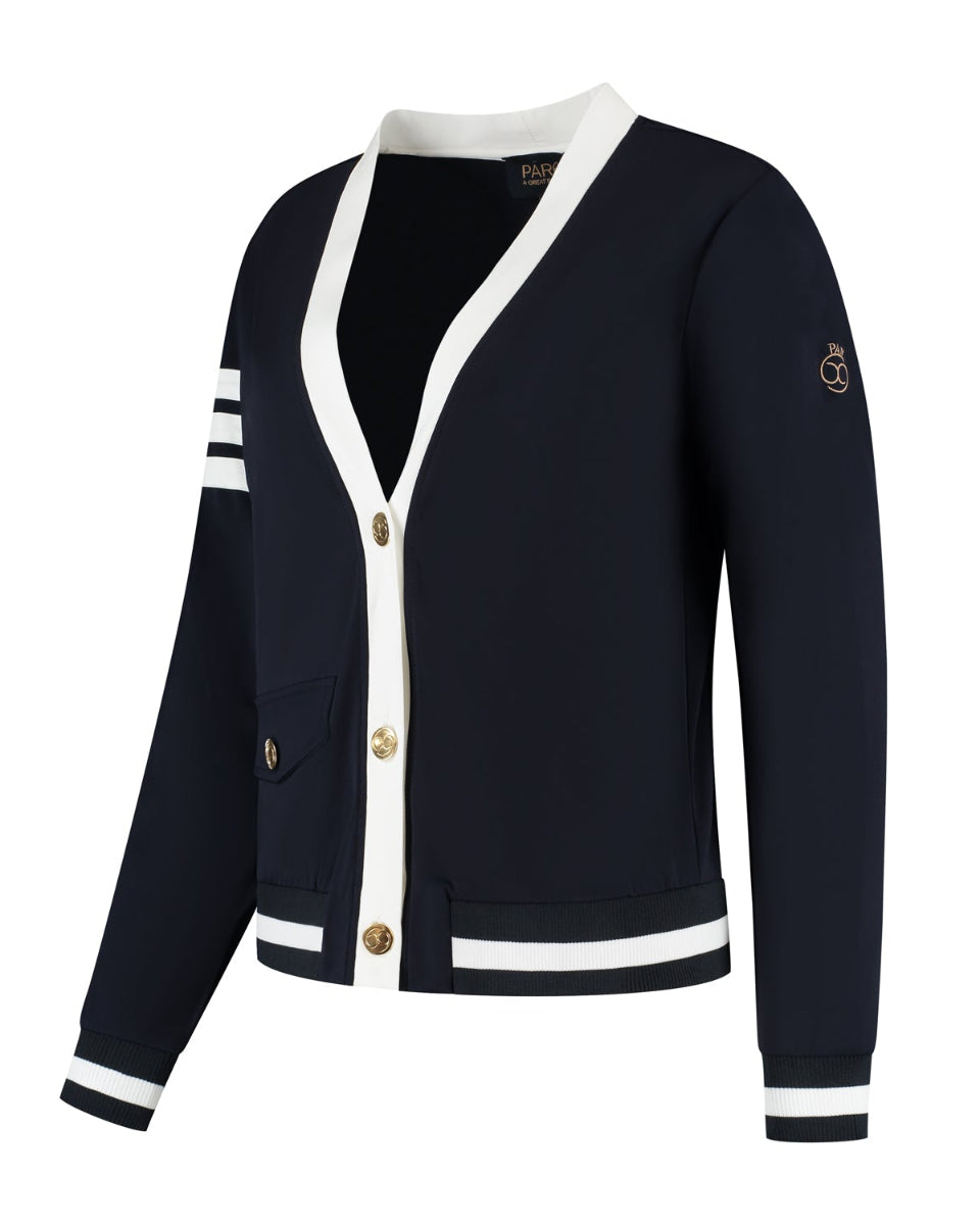 Navy cardigan with white trim and buttons on a white background