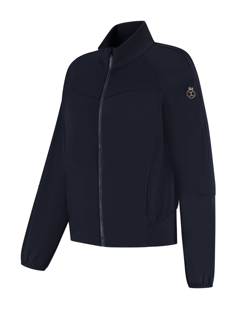 Navy blue jacket with a brand logo on a white background