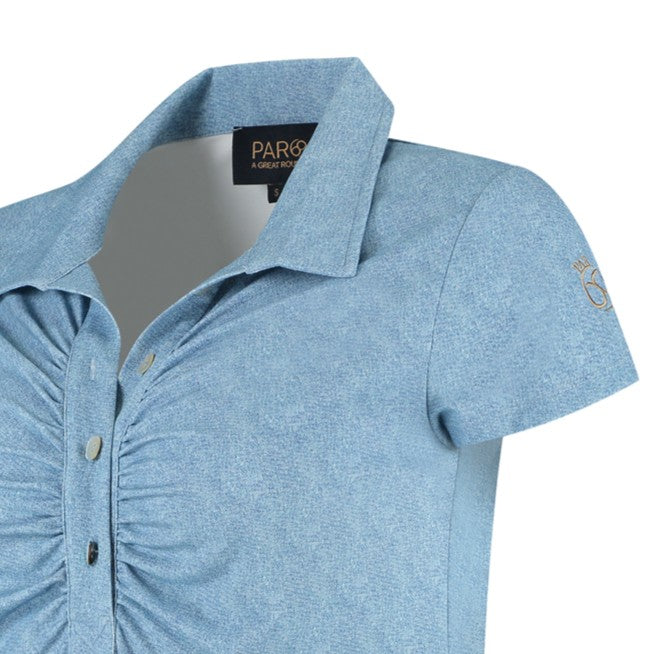 Light blue polo shirt with collar and brand label on a white background