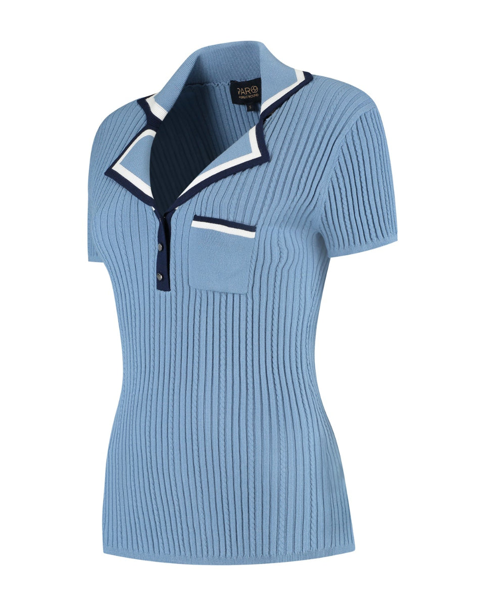 Light blue ribbed polo shirt with a collar on a white background