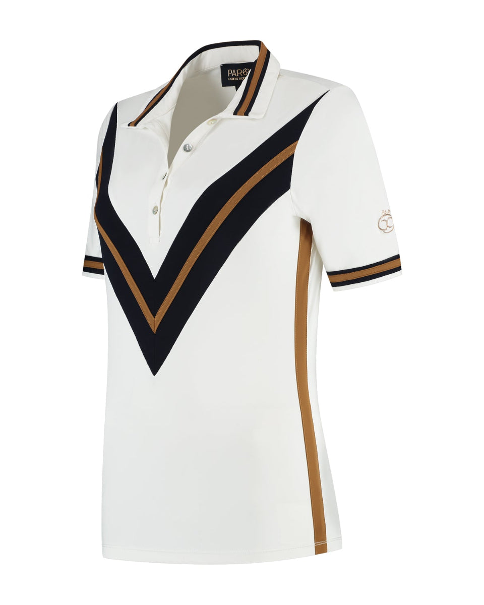 White polo shirt with black and brown accents on a white background