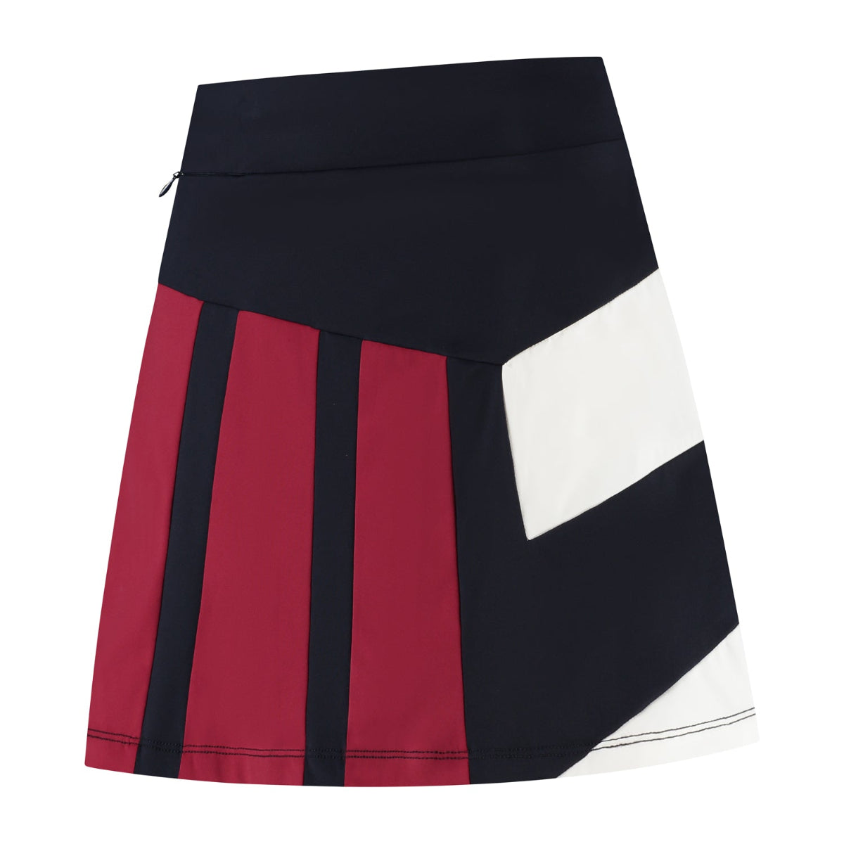 Color-blocked skirt with black, red, and white sections on a white background