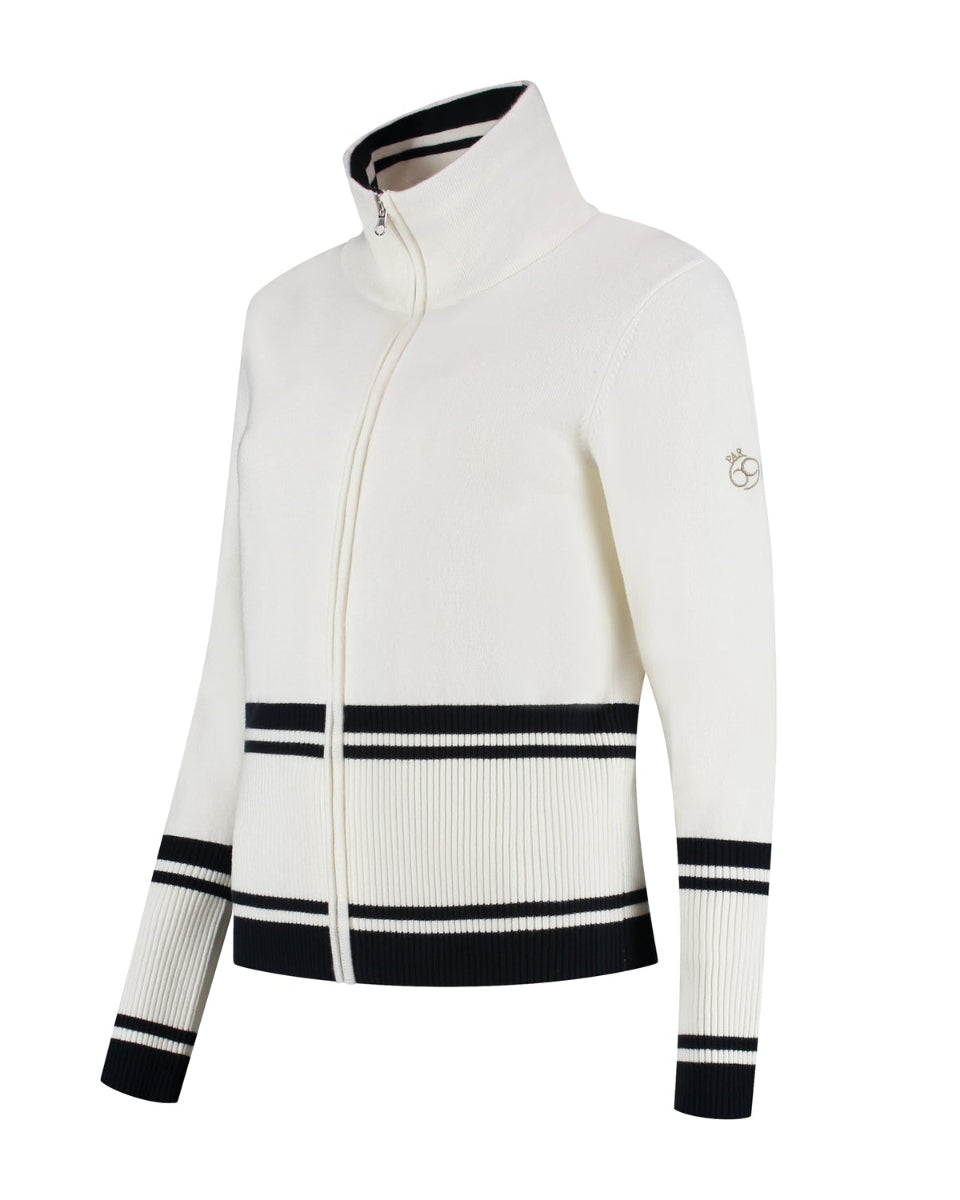 White zip-up sweater with black accents on a white background