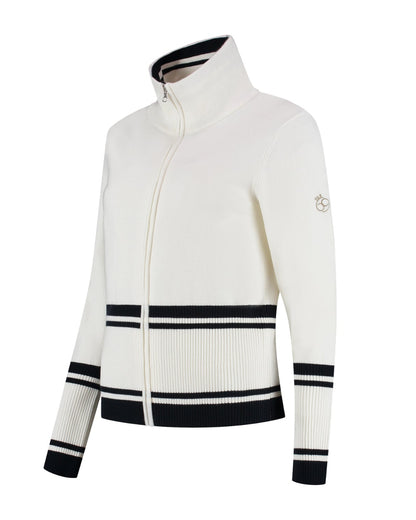 White zip-up sweater with black accents on a white background