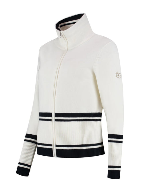 White zip-up sweater with black accents on a white background
