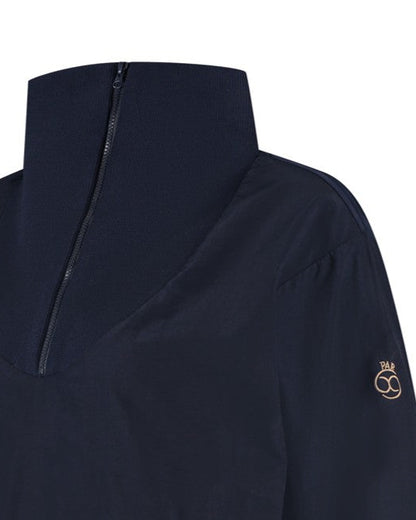 Navy blue jacket with a brand logo on the sleeve against a white background