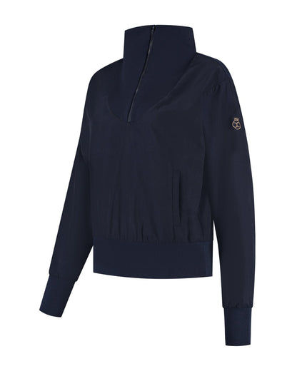 Navy blue jacket with a brand logo on the sleeve against a white background