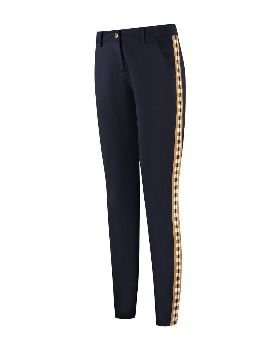 Navy pants with a checkered side strip on a white background