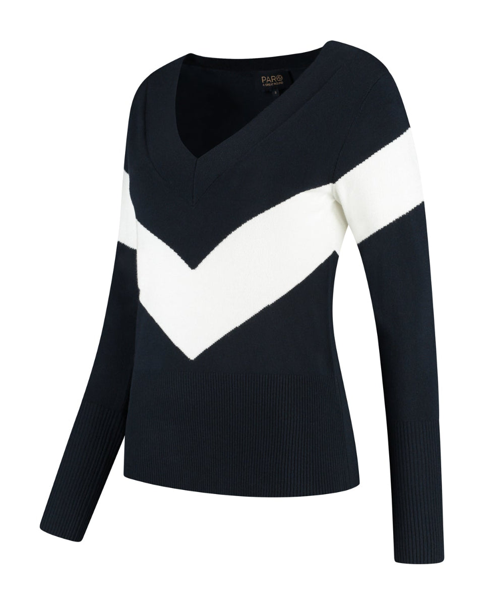 Black and white sweater with a V-neck on a white background