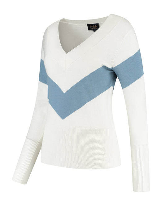 White sweater with blue chevron pattern on a white background