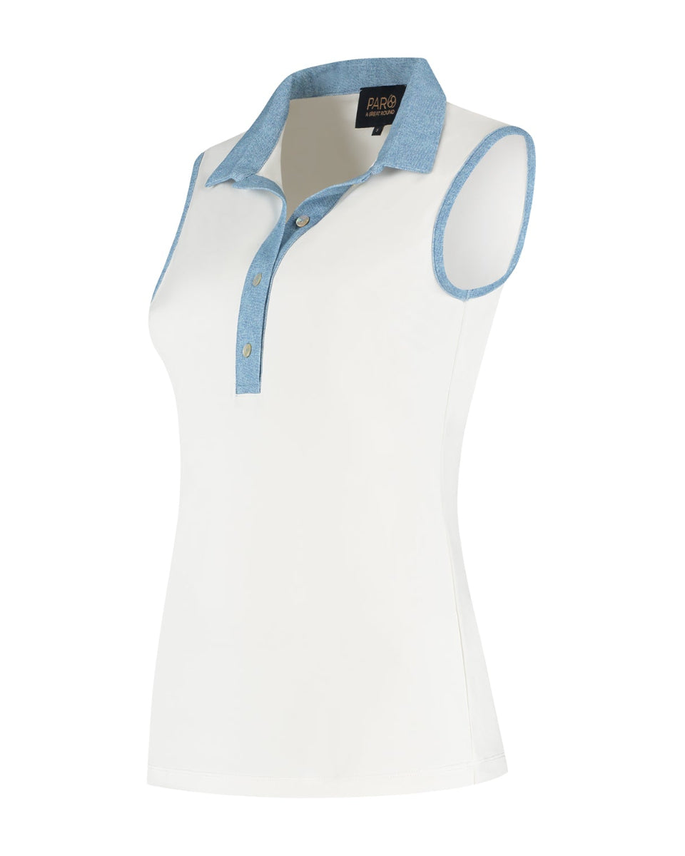 White sleeveless shirt with blue collar and trim on a white background