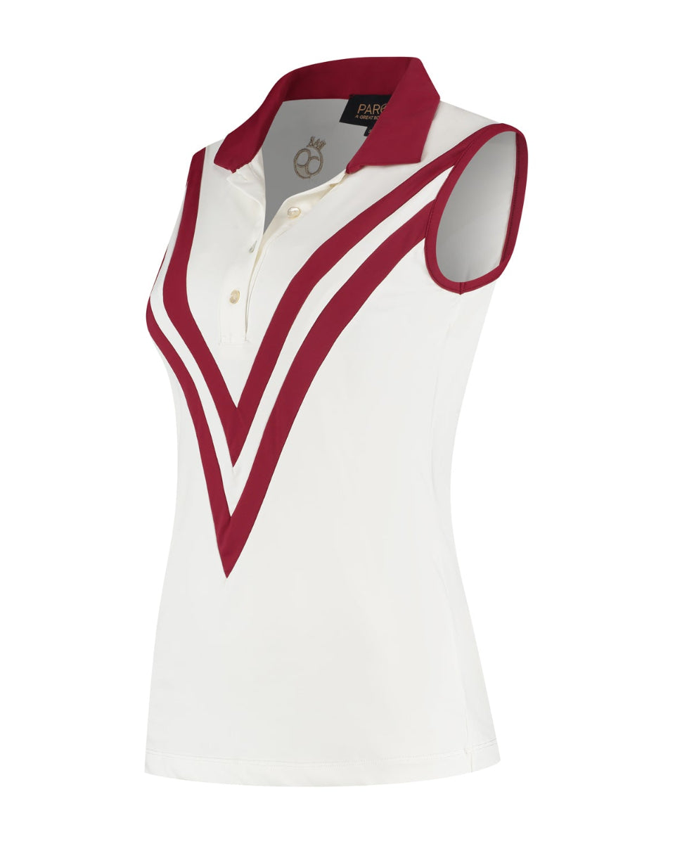 White sleeveless polo shirt with red accents on a white background