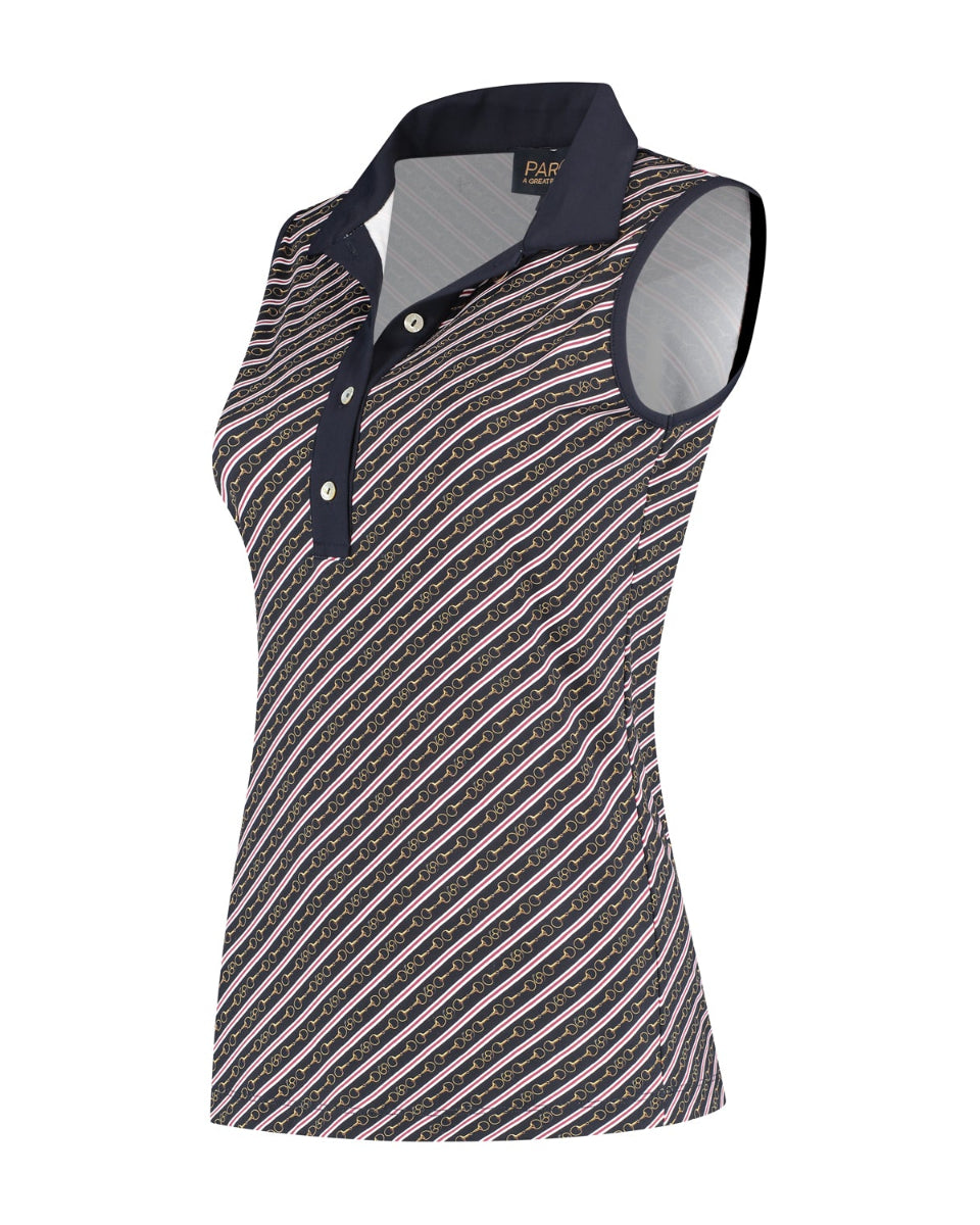 Sleeveless patterned shirt with collar on a white background