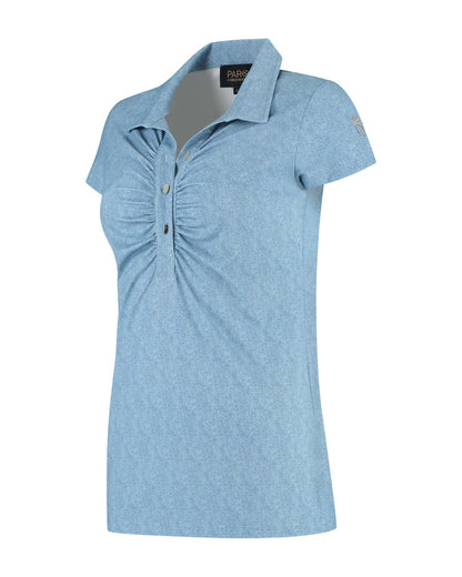 Light blue polo shirt with a ruched design on a white background