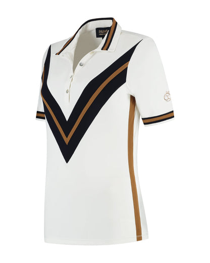 White polo shirt with black and brown accents on a white background