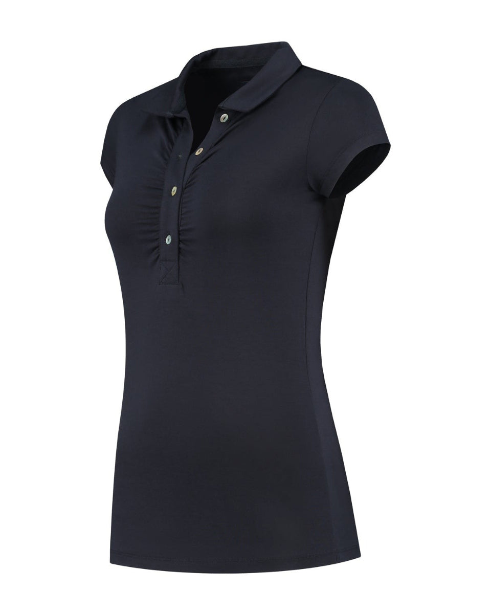 Navy blue polo shirt with buttons on a white background