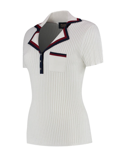 White ribbed polo shirt with red and blue trim on a white background