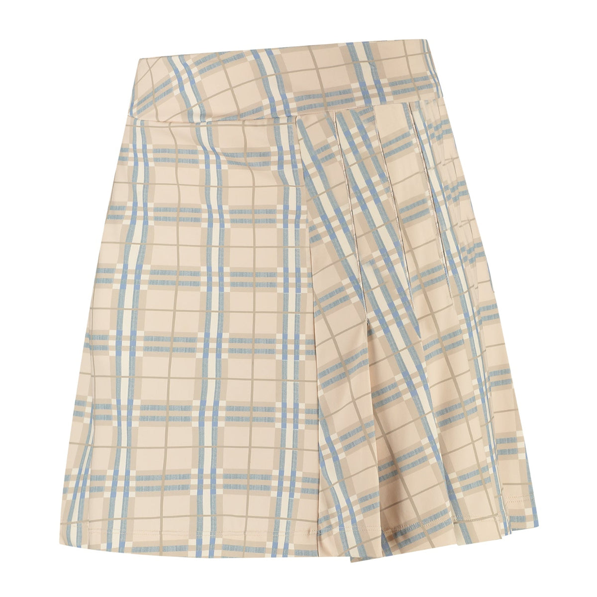 Plaid skirt with beige and blue pattern on a white background