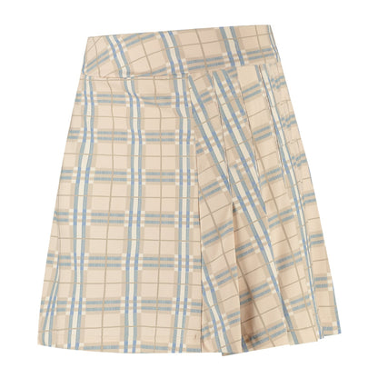 Plaid skirt with beige and blue pattern on a white background