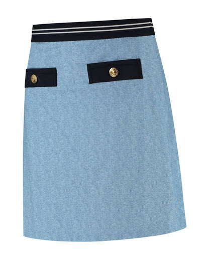 Light blue skirt with black waistband and pockets on a white background