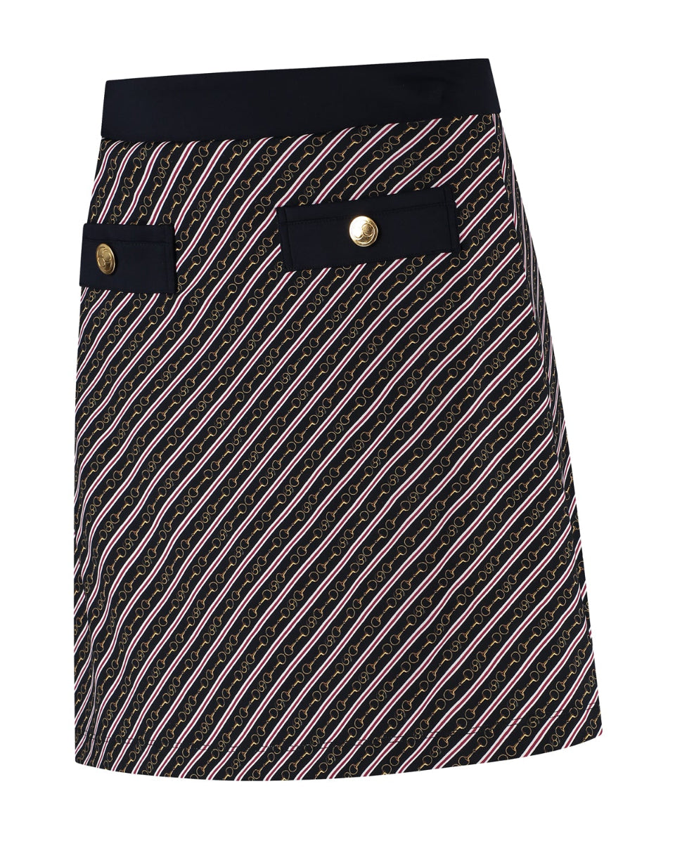 Black and white striped skirt with a button detail on a white background