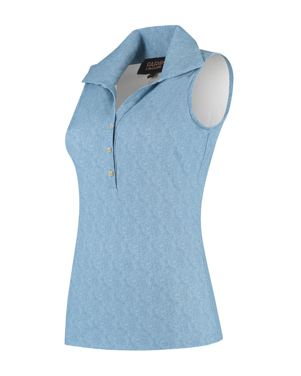 Light blue sleeveless polo shirt on a white background